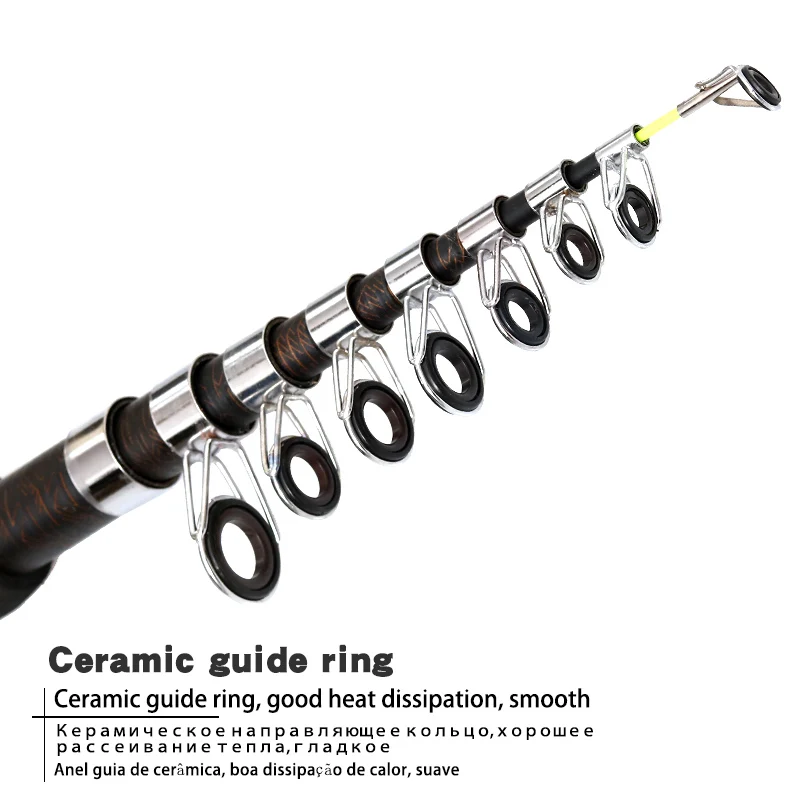 Un anillo guía de cerámica, que es un componente utilizado en las cañas de pescar. Estos anillos están diseñados para reducir la fricción y permitir que la línea se deslice suavemente a lo largo de la caña. El material cerámico es conocido por sus propiedades de baja fricción y buena disipación de calor, lo que ayuda a evitar que la línea se caliente demasiado y se rompa.