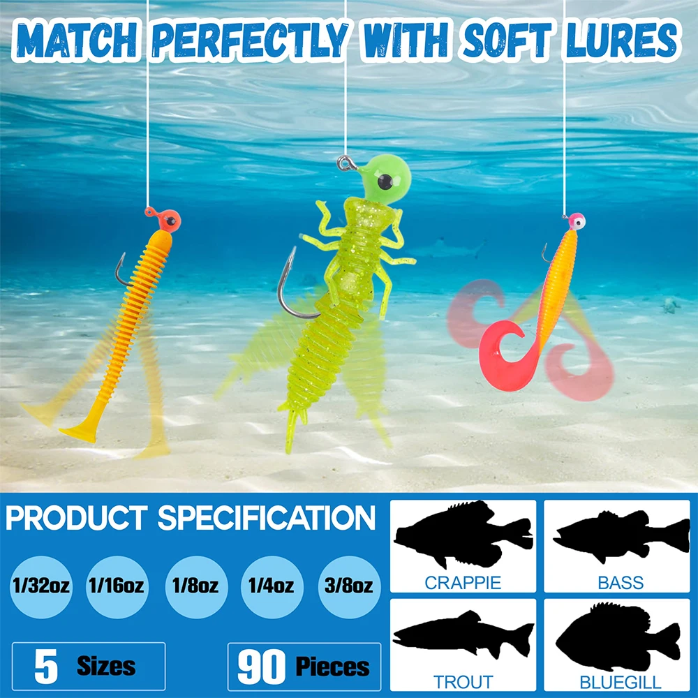 Kit de anzuelos con cabeza de anzuelo de pesca, 90 Uds., bola redonda, Señuelos de pesca con cabeza de anzuelo, anzuelos de pesca pintados para tipo de pez, lubina, trucha, dorado - imagen 4