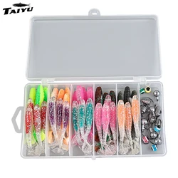 Juego de señuelos TAIYU de 61 piezas con cebo suave de cola en T roscada, anzuelo con cabeza de plomo, anzuelo crank, juego de pesca Texas, juego completo