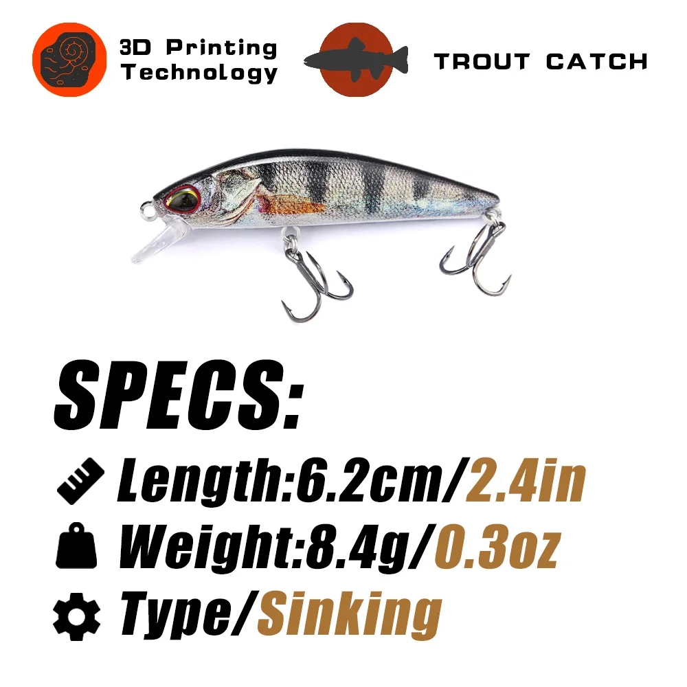 B & U 62mm 8,4g Wobblers de pececillo hundido Señuelos de pesca señuelo de trucha y cebo duro Jerkbait para aparejos de pesca de perca - imagen 2