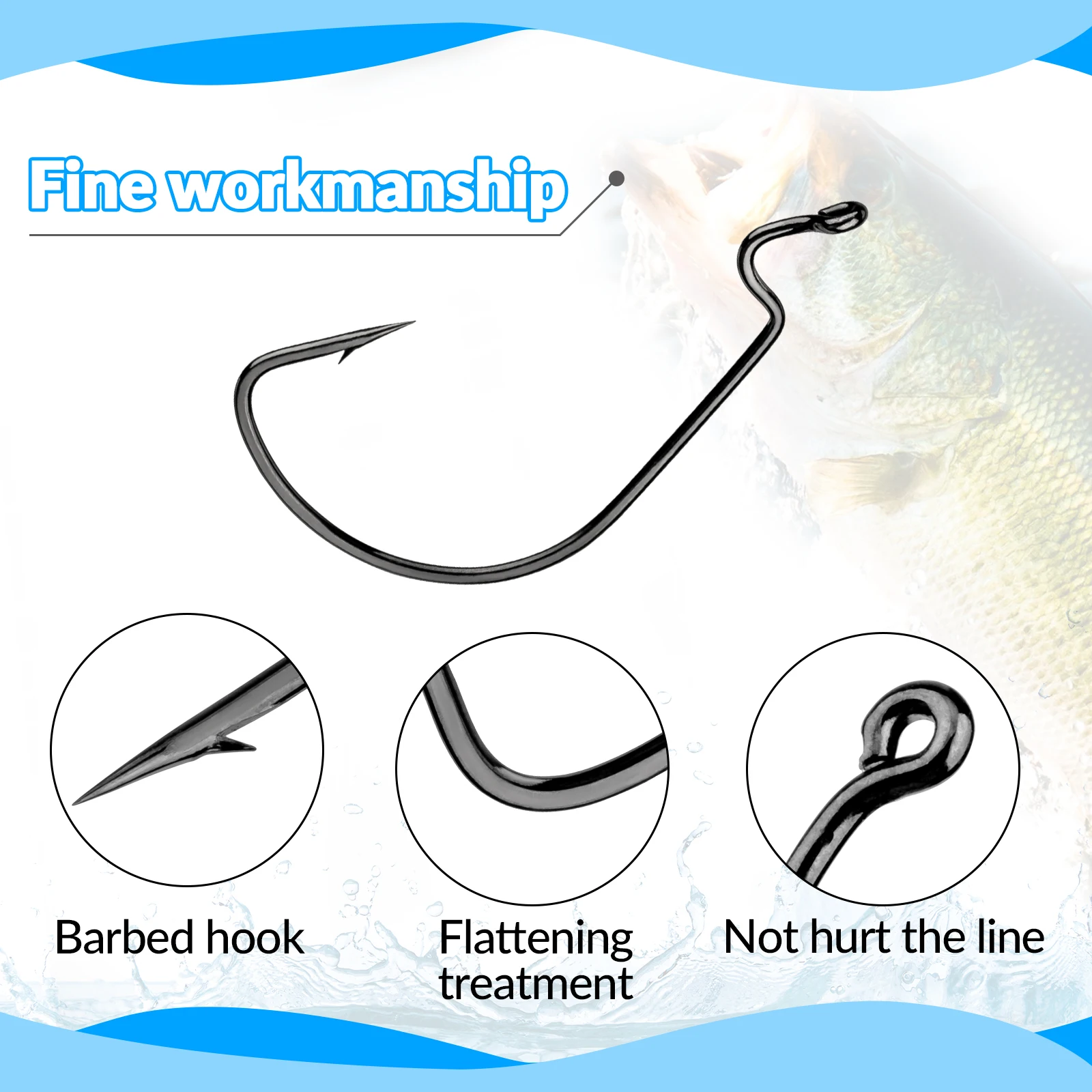 THKFISH 20 piezas anzuelos compensados de acero rico en carbono anzuelos de pesca de manivela ancha para señuelos blandos # 2- # Anzuelo de púas 3/0 para pesca de carpa - imagen 3