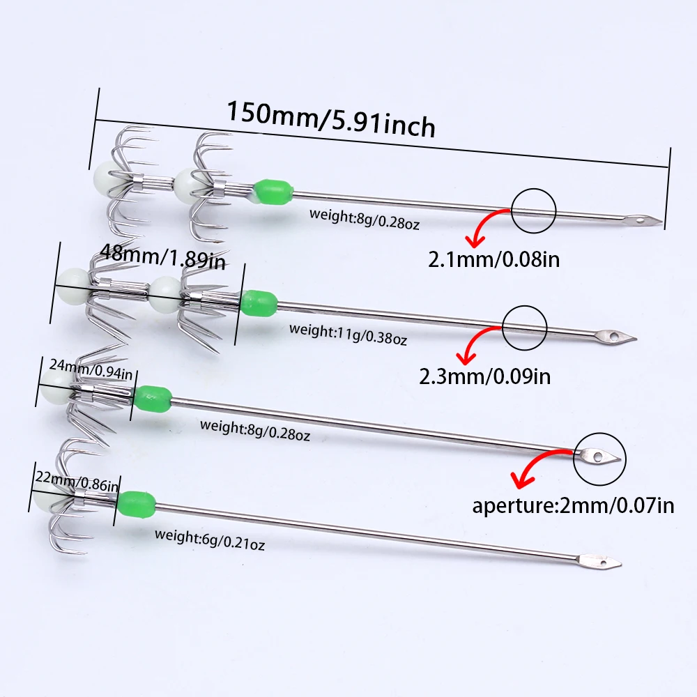 Gancho de calamar de acero inoxidable de 2 uds, anzuelo de cebo falso luminoso, anzuelo de tinta, gancho de paraguas de calamar de doble capa de mango largo ﻿ - imagen 2
