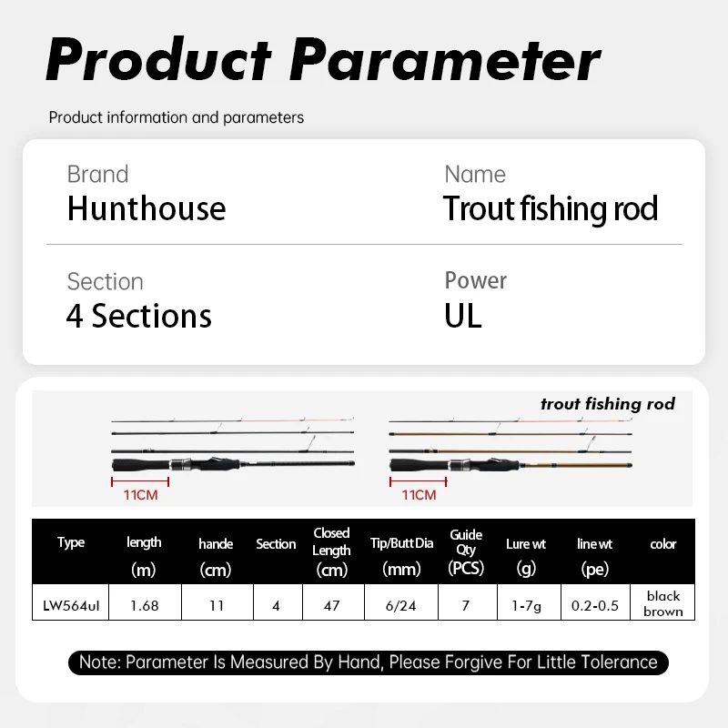 Hunthouse Trave caña de pescar de trucha giratoria 4 secciones CL 47cm fibra de carbono 1,68 m UL señuelo WT 1-7g para aparejos de pesca de río Stream - imagen 2