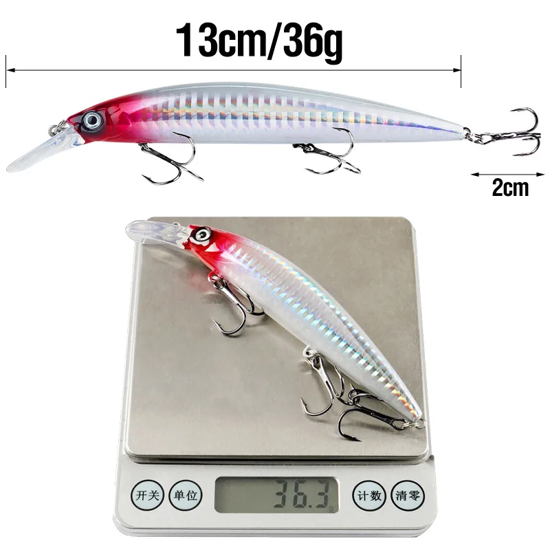 Señuelo de pesca de 130mm y 36g, pececillo pesado que se hunde, con 3 anzuelos triples, accesorios de agua dulce y salada, cebo Artificial con revestimiento láser - imagen 5
