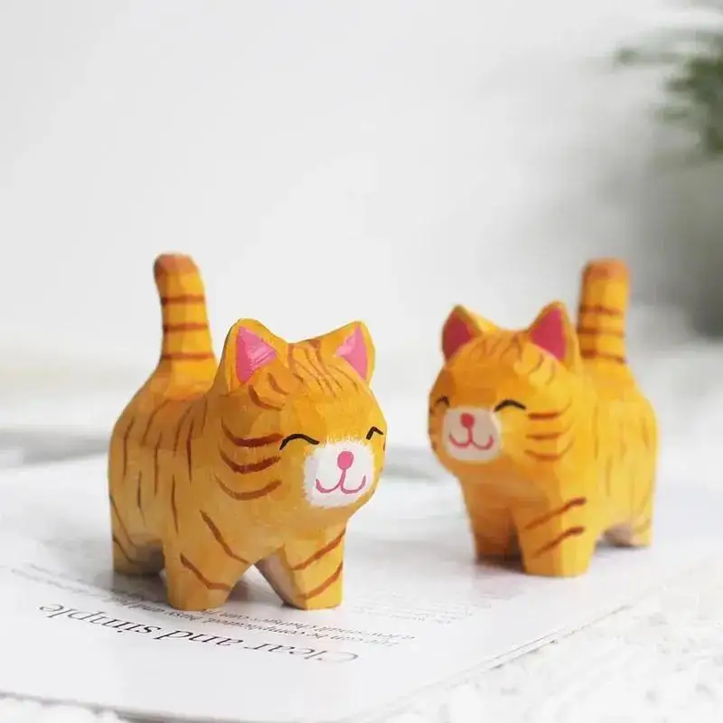 Cute Cat Shape Handmade Wood Carving Kitten Ornaments Small Animal Creative Desktop Wood Cat Decoration Crafts Ornament - imagen 2