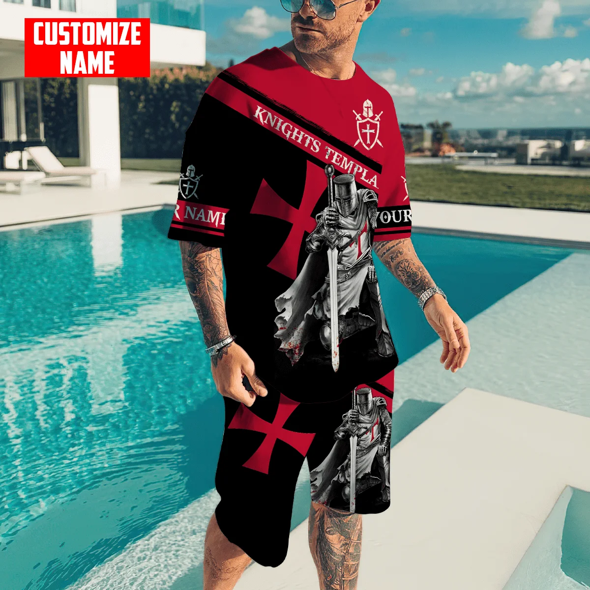 Caballero Templario guerrero León nombre personalizado 3D impreso conjunto de camiseta y pantalones cortos para hombre Combo Unisex estilo de verano camiseta Casual TZD01 - imagen 2