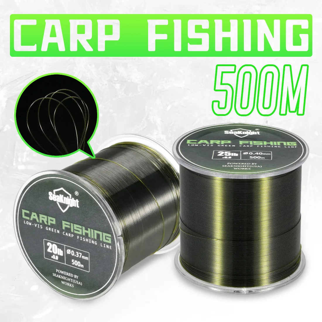 Línea de pesca de nailon SeaKnight marca CARP 500M antidesgaste suave y fuerte para pesca de carpa 10-25LB verde oscuro INVISIBLE bajo el agua