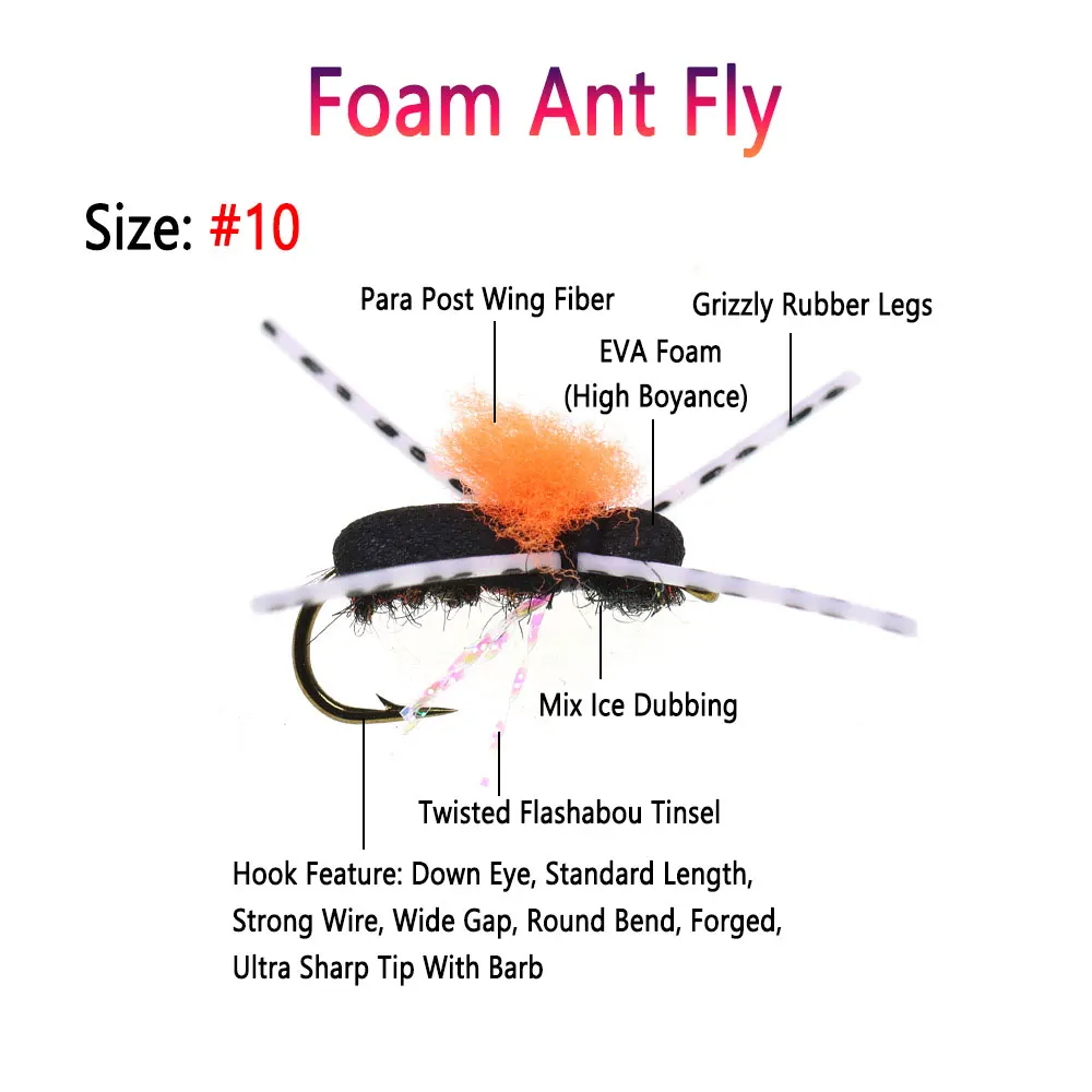 Bimoo 6 piezas # 10 Para Post Wing espuma hormiga mosca flotante negro mosca seca escarabajo mosca insecto Artificial cebo trucha Grayling Señuelos de pesca - imagen 2
