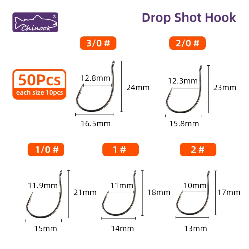 Chinook 50 unidades de anzuelo texano de gusano ancho, anzuelo de pesca compensado, anzuelo de pesca de carpa con púas para lubina, anzuelo de tiro caído, anzuelo loco - imagen 5