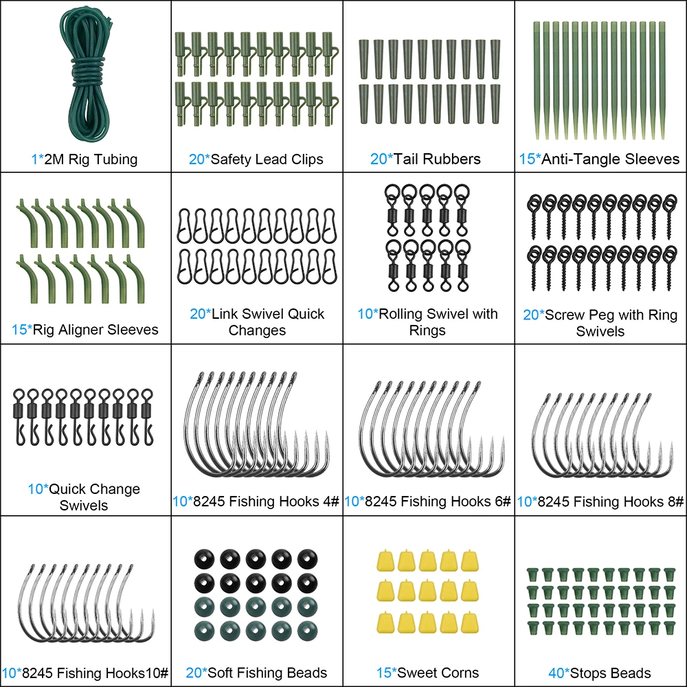 Kit de fabricación de aparejos de pesca de carpa, 246 Uds., incluye anzuelos sin púas, giratorios, Clips de seguridad, mangas de tubo de goma, varios accesorios para aparejos de carpa - imagen 3