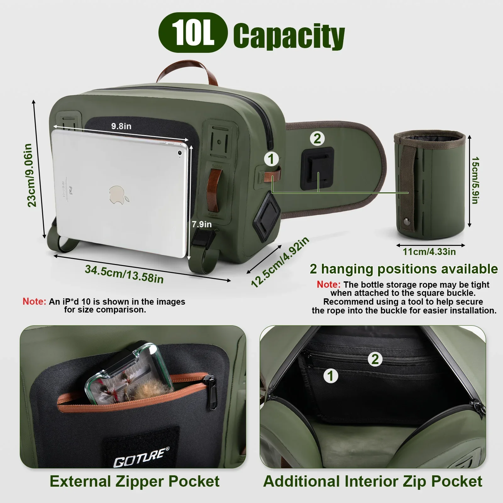 Goture ultraligero 10L impermeable pesca con mosca riñonera 34,5x23x12,5 cm con estante para caña almacenamiento múltiples bolsillos bolsa de pecho de pesca - imagen 5