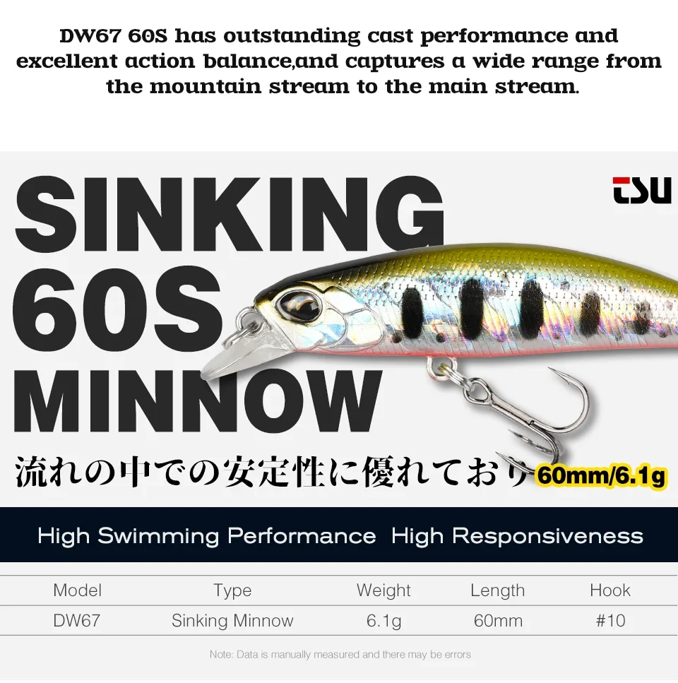 TSURINOYA 60mm 6,1g Señuelos de Pesca de pececillo hundido DW67 60S Jerkbait Stream Bass trucha cebo Mini Crankbait Wobblers aparejos de pesca - imagen 3