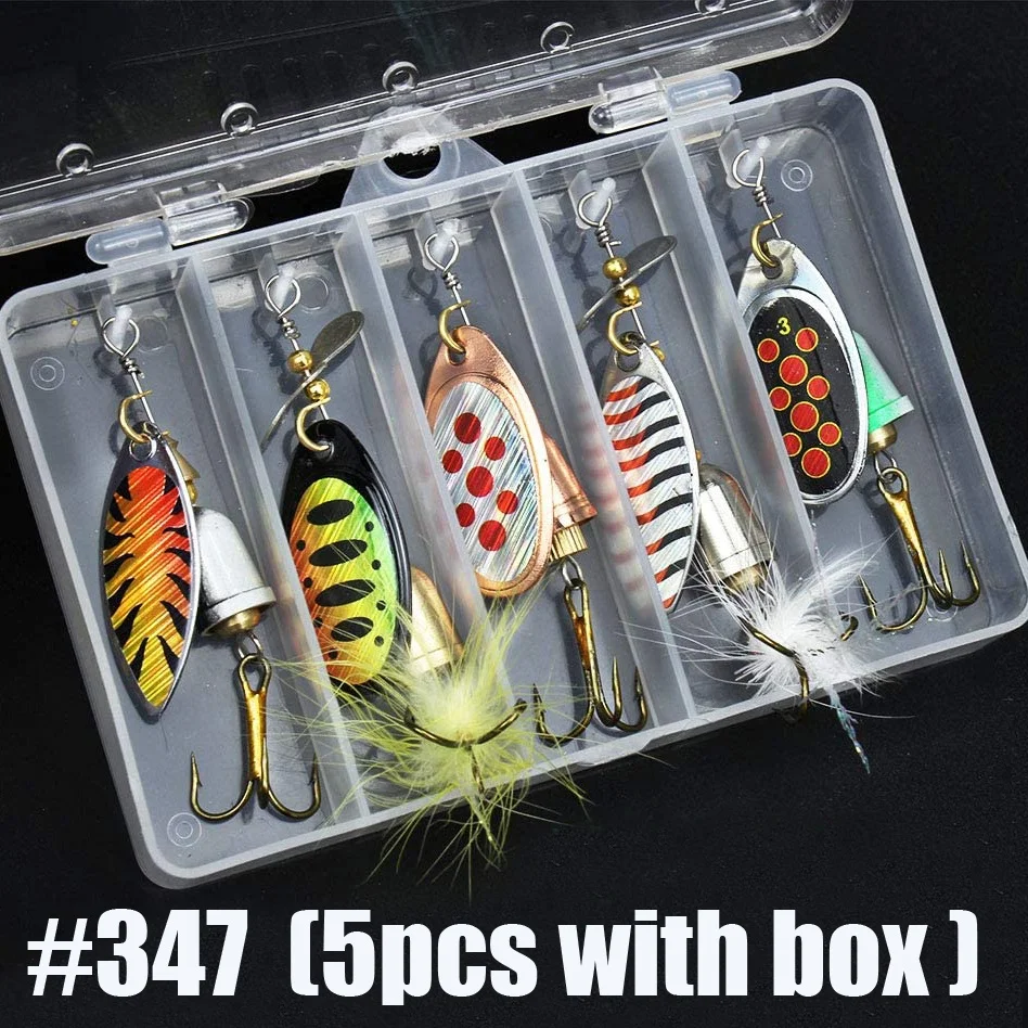 5 uds señuelo de pesca cebo giratorio, Kit de cebos giratorios de Metal duro para lubina, trucha, salmón, con cajas de aparejos - imagen 3