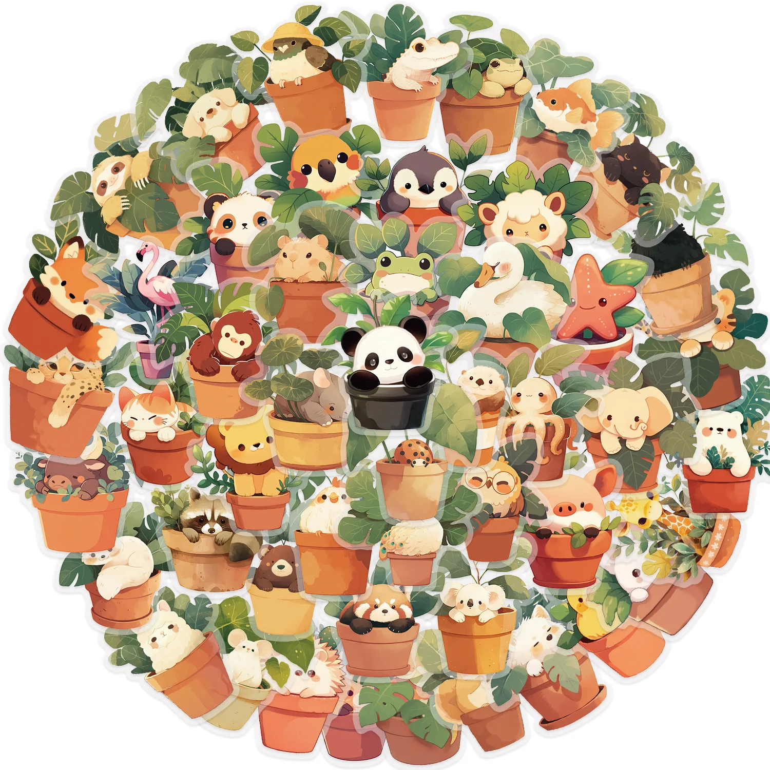 adorables personajes animales ubicados en coloridas macetas que muestran una atmósfera juguetona y armoniosa