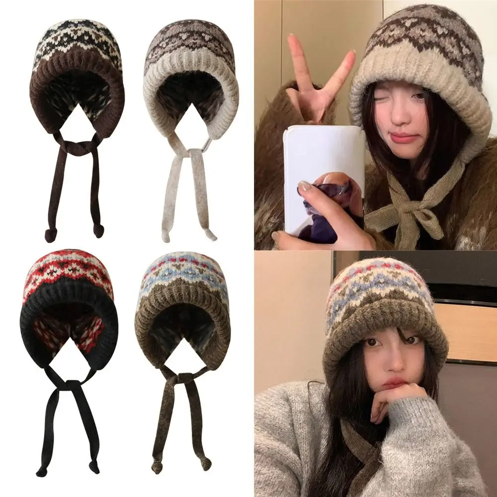 Gorro tejido Jacquard con correa a la moda, orejeras con protección para los oídos resistentes al viento, gorro de pila con cordones, gorro cálido para invierno - imagen 2