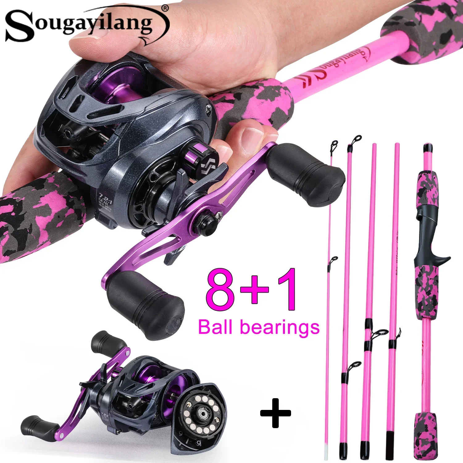 Sougayilang Combo pesca viaje – Caña carbono 170cm carrete Baitcasting - imagen 2