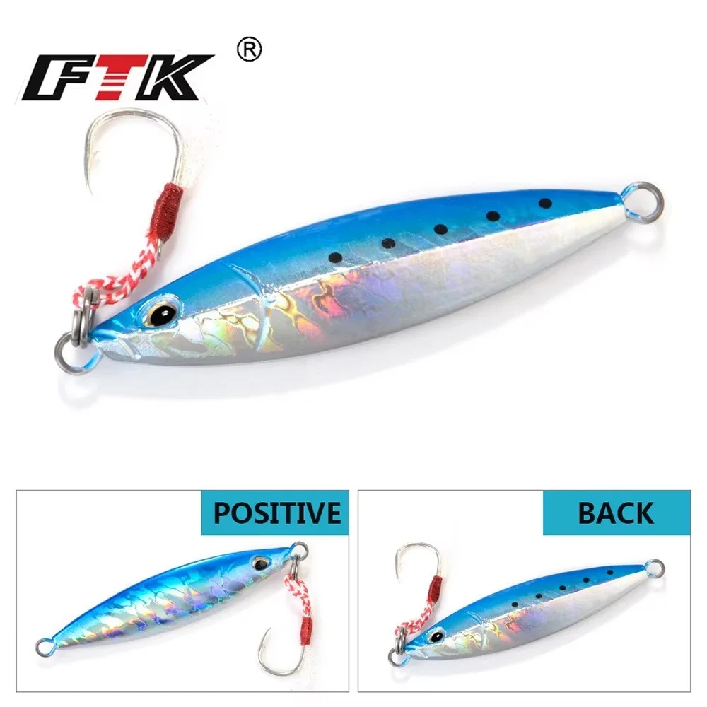 FTK 80g 100g 150g Señuelos de plantilla de metal Señuelos de pesca de aguas profundas Ojos 3D Jigging lento Cebo artificial duro