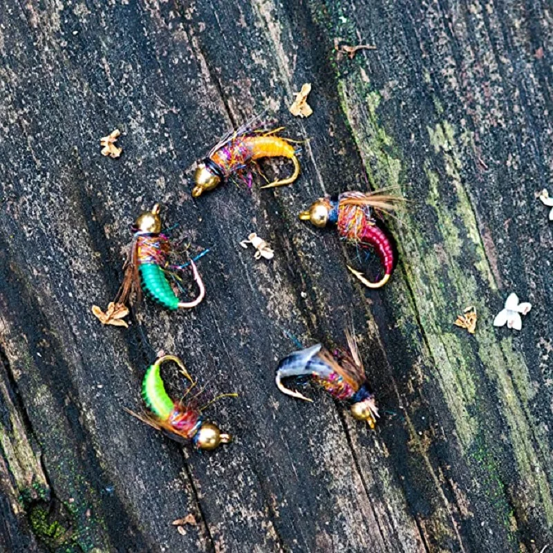 Señuelo de pesca con mosca, cebo de 5 piezas, cabeza de cuentas, plantilla de Ninfa, insectos, Mosca, hundimiento rápido, pez gato, trucha, bajo seco, agua salada - imagen 5
