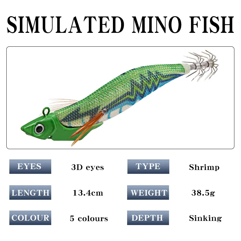 Señuelos de calamar de piezas, cebos de madera de 13,4 cm y 38,5g para pesca de camarones en agua salada, cebo de pulpo - imagen 3