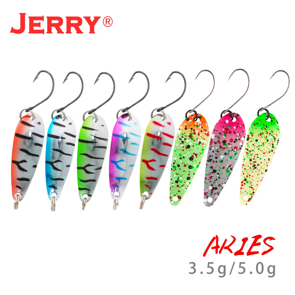 Jerry Aries 3,5g 5g Kit de cuchara de Metal para trucha, cebo giratorio de colores UV, adornos brillantes, lucio, perca, Micro señuelo de Pesca de agua dulce