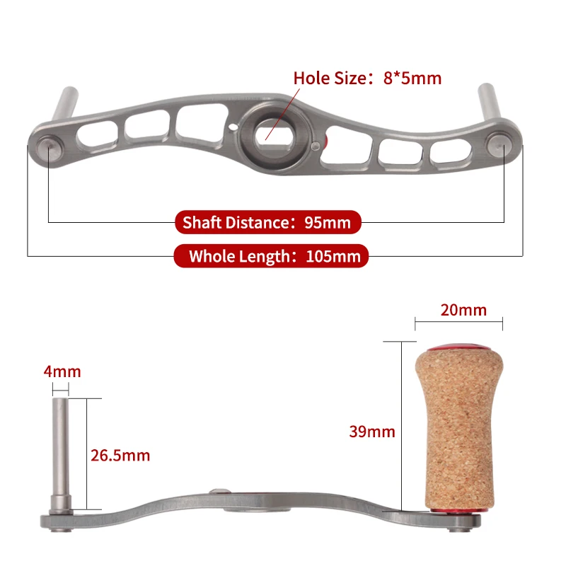 Kawa-mango de carrete de pesca, mano de aleación de aluminio con perilla de corcho para Da/Abu/shim, tamaño del agujero de Baitcasting 7*4/8*5mm de longitud 105mm DIY - imagen 2