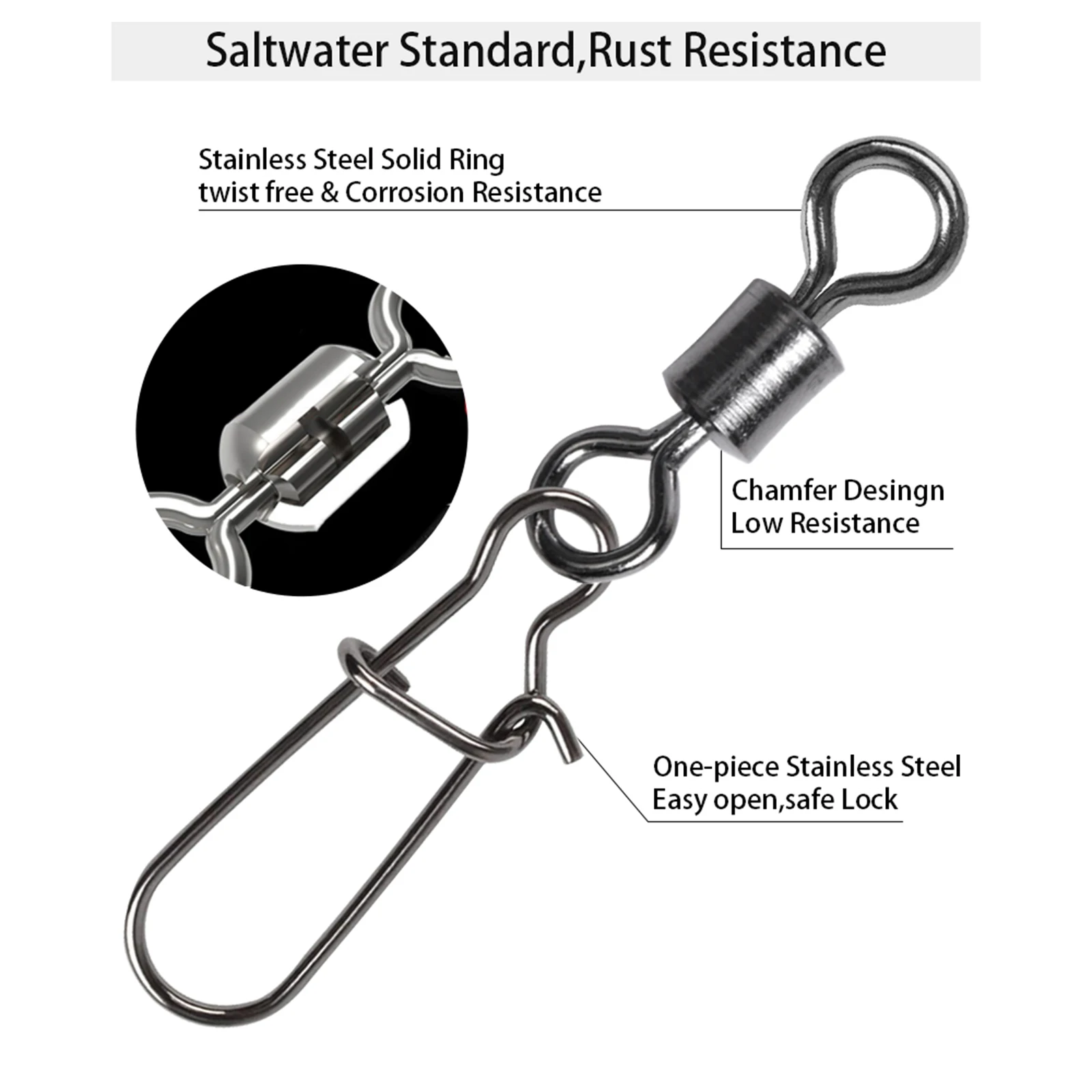 Gancho giratorio de pesca de 50 piezas, accesorio de acero inoxidable, doble bloqueo, rodamiento de bolas, cambio rápido, Conector de enlace de señuelo, carpa, lubina - imagen 5