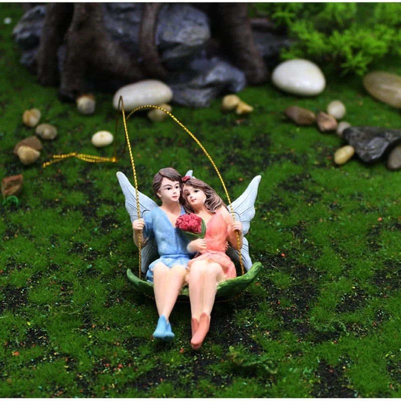 Figuritas de pareja romántica, columpio, flor, Hada, jardín, Micro paisaje, colgante, artesanía de resina, decoración de escena creativa - imagen 5
