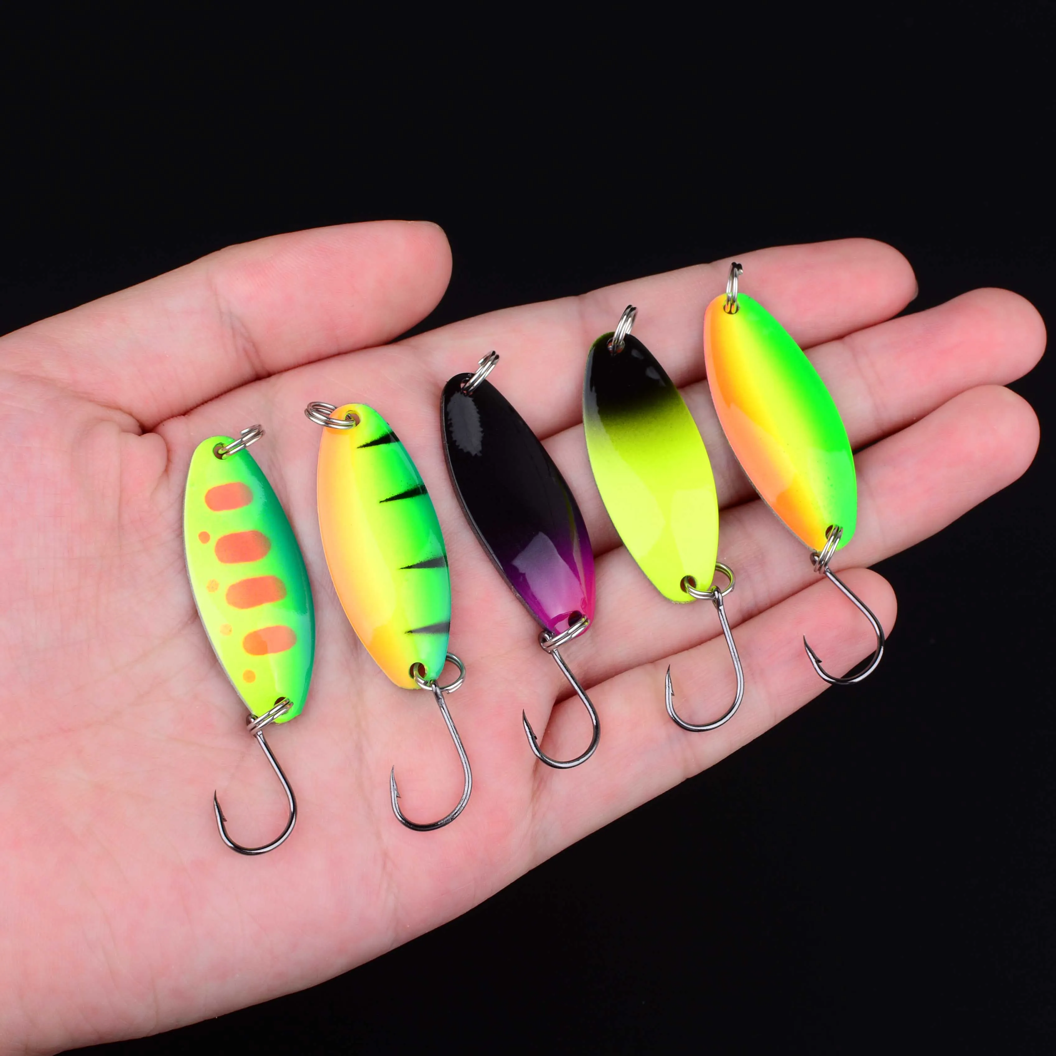 Señuelo de pesca de Metal con cuchara para trucha, cebo duro con un solo gancho, perca para trucha, salmón, 5 uds.