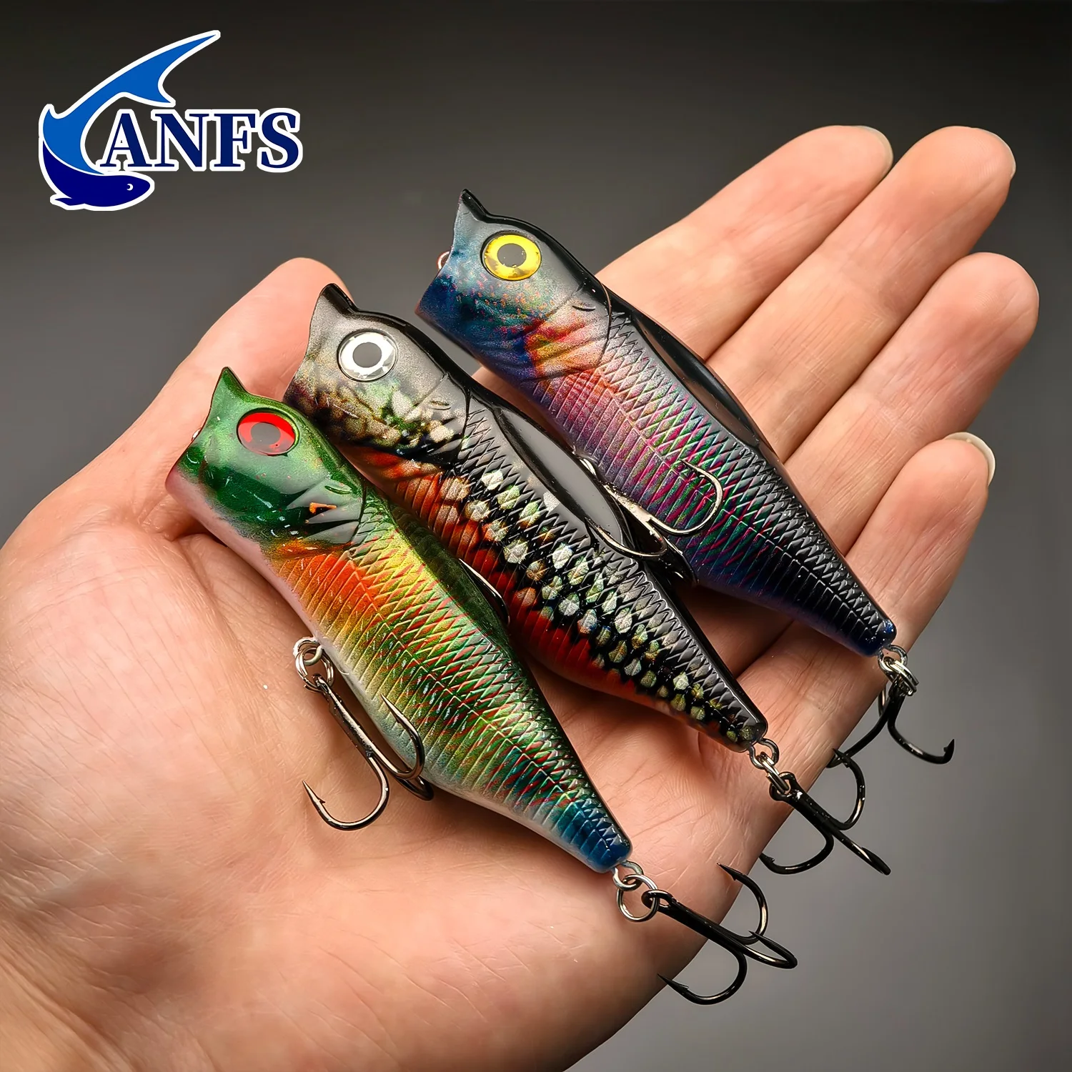 ANFS 3 uds/1pcTopwater Popper Señuelos de pesca, cuerpo de plástico con impresión en Color cebo Artificial realista para lubina de agua dulce - imagen 3