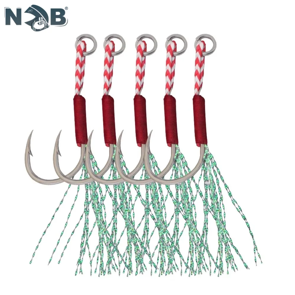 NGB 1/2 Uds. Anzuelo de asistencia de acero rico en carbono con línea de púas de agua salada, anzuelos de pesca de mar individuales y dobles, aparejos de pesca