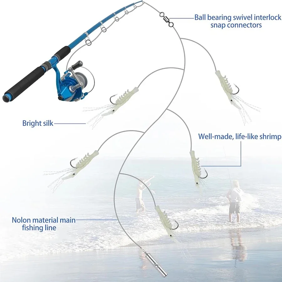 Paquete de 12 aparejos de cebo vivo para pesca de camarones luminosos de agua salada, señuelo de pesca de peces pequeños, aparejos de anzuelo de pesca de trucha y caballa brillante, 5 anzuelos/bolsa - imagen 4