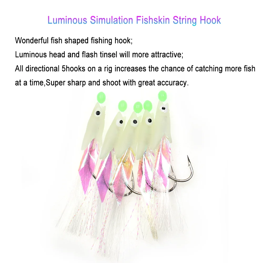 Lionriver-señuelo de pesca de agua dulce y salada, anzuelos luminosos con Flash de piel de pez simulado, aparejos de pesca Sabiki - imagen 2