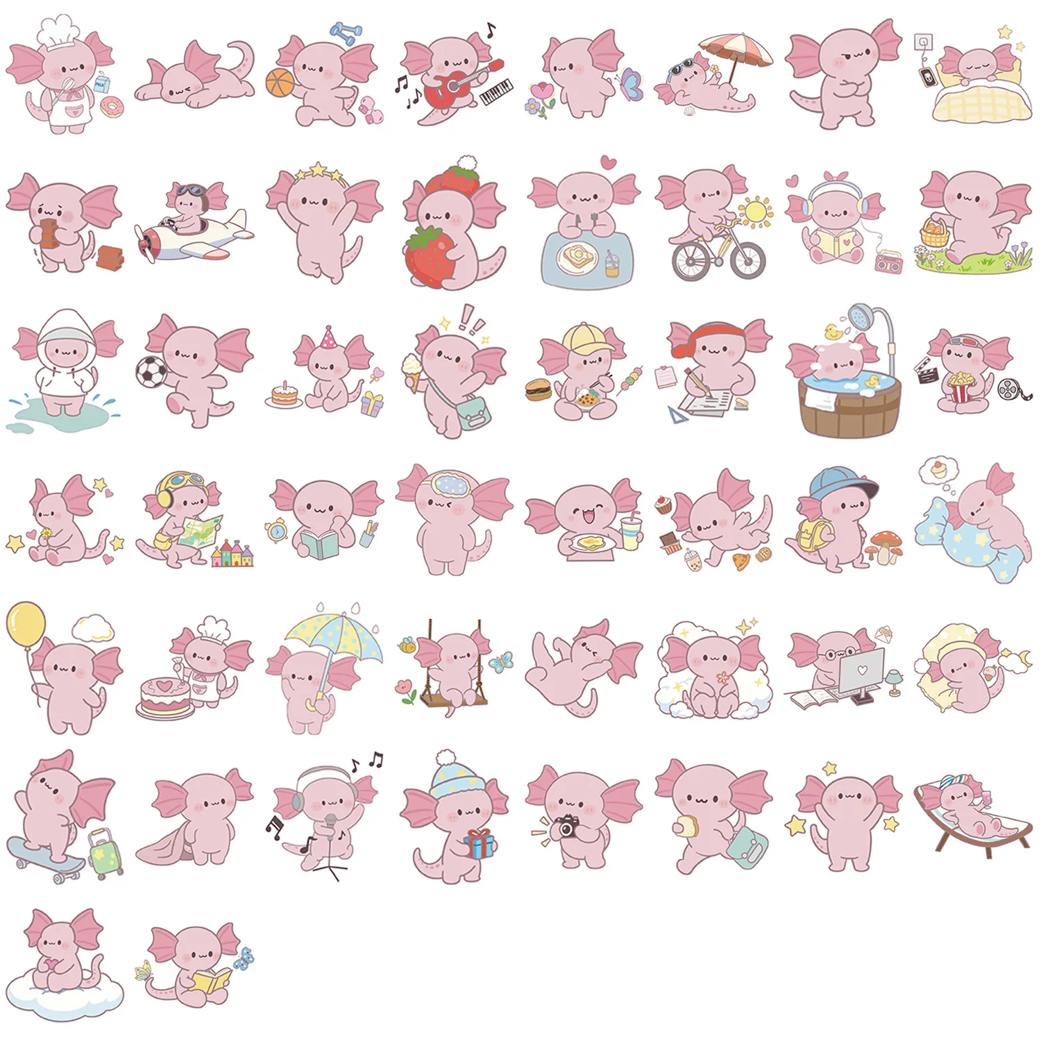 50 Uds. De pegatinas de grafiti de dibujos animados Axolotl para teléfono, guitarra, portátil, maleta, botellas de agua, pegatinas impermeables - imagen 4