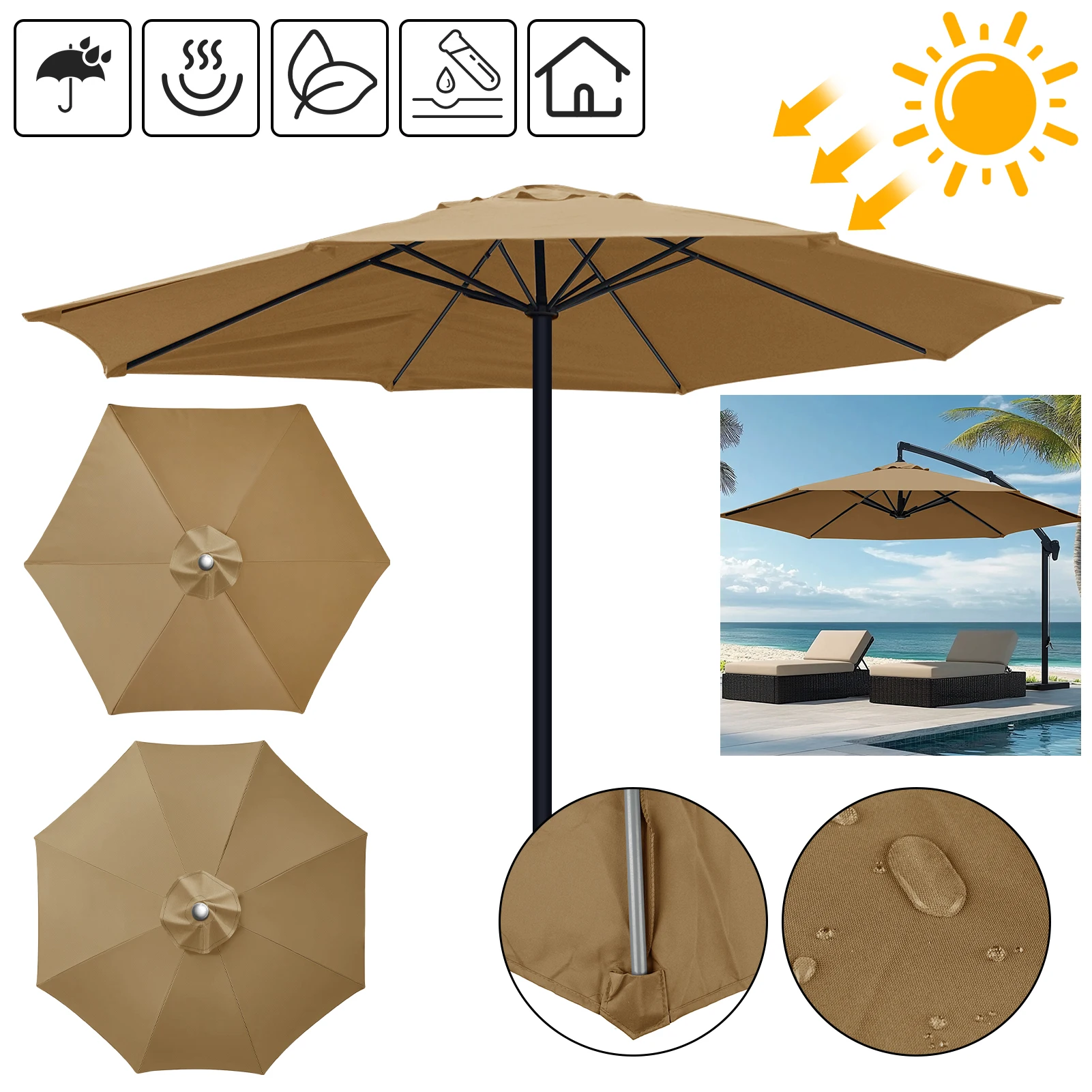 Paño de sombrilla de poliéster de 6/8 costillas, tela de repuesto para superficie de sombrilla de Patio exterior, tela de sombrilla impermeable - imagen 5