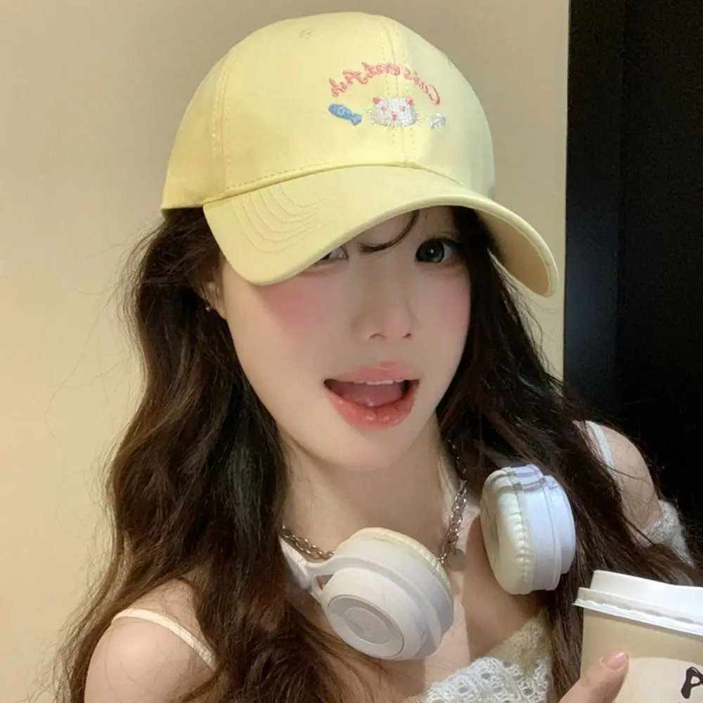 Gorra de béisbol de dibujos animados de gato bordado Simple, sombrilla informal con protección solar, gorra de algodón de estilo japonés con visera para estudiantes - imagen 5