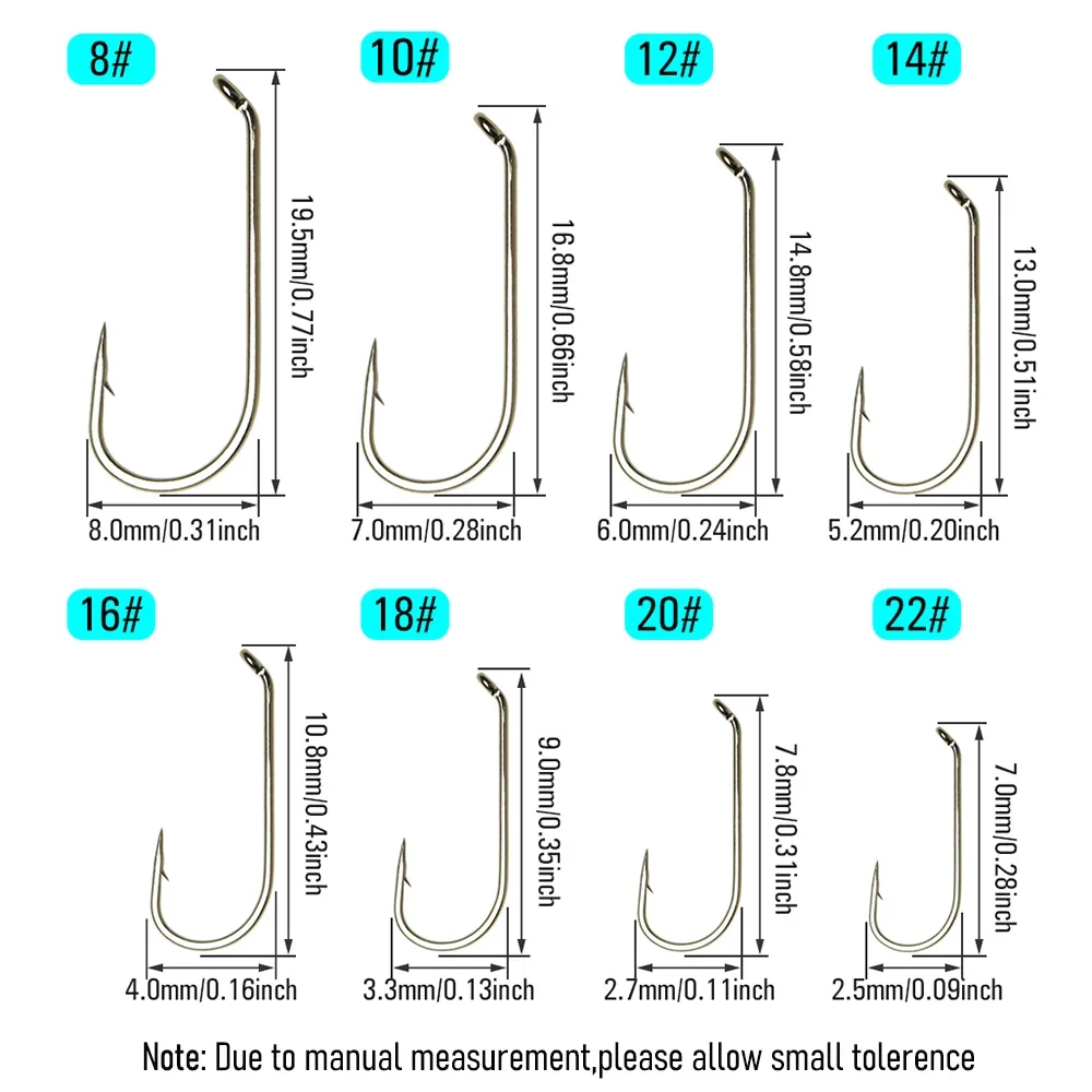 Wifreo-anzuelo de pesca con mosca seca, anzuelo de pesca con mosca de acero alto en carbono, con ojo de abajo, vástago redondo, curva redonda, ninfa, 800 unids/lote/caja, 1 ud., #8 ~ #22 - imagen 3