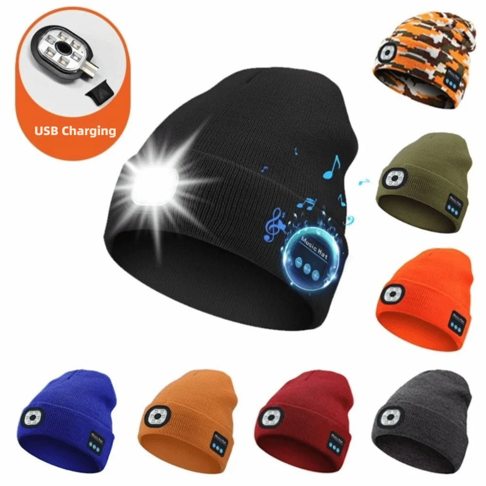 Único con luz Bluetooth gorro auriculares altavoz micrófono faro gorra extraíble recargable luz LED gorra pesca