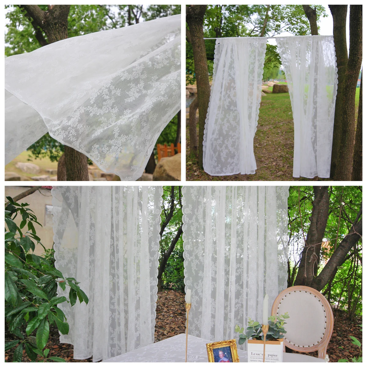 Cortina de tul vintage con encaje floral — romántica para salón - imagen 3
