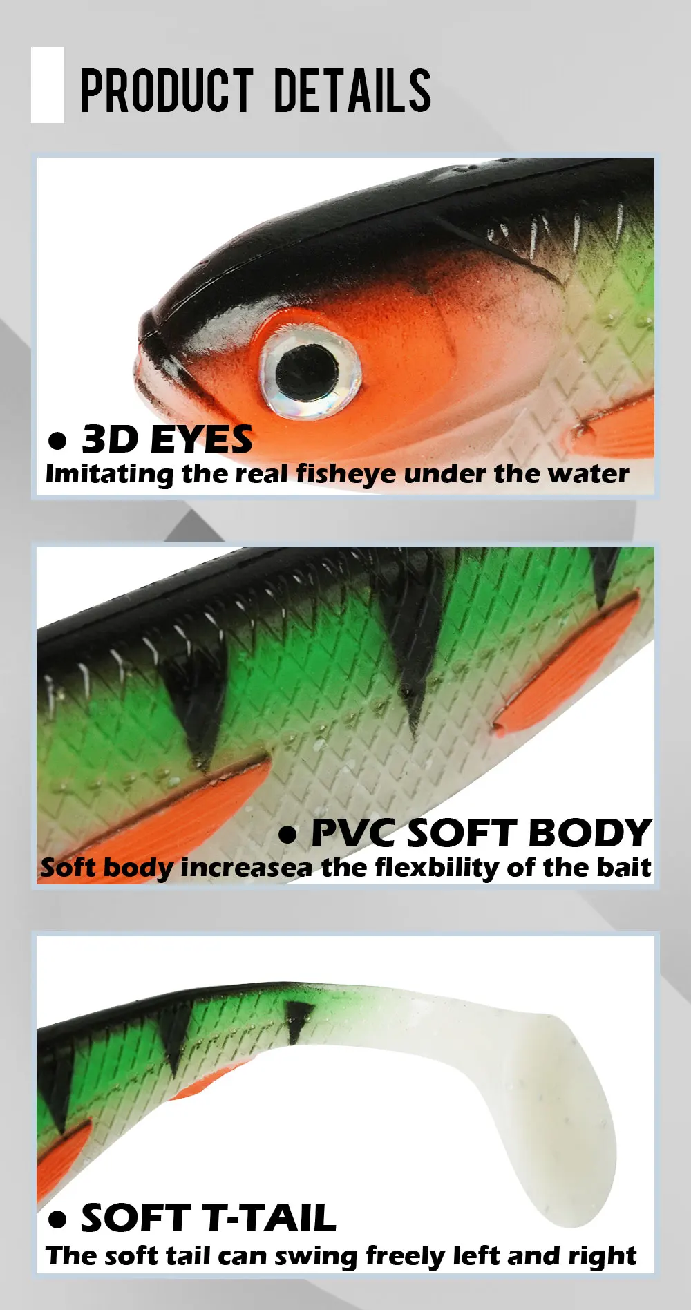 Experimente la pesca realista con nuestros ojos 3D y diseño de cola blanda