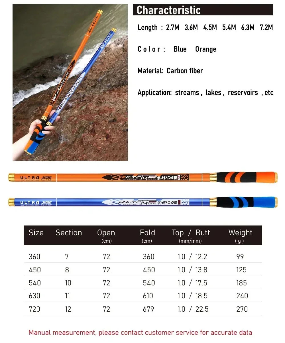 PAZA-caña de pescar de fibra de carbono, 2,7 M-7,2 M, telescópica, ultraligera, dura, para agua dulce, aparejo duradero - imagen 4