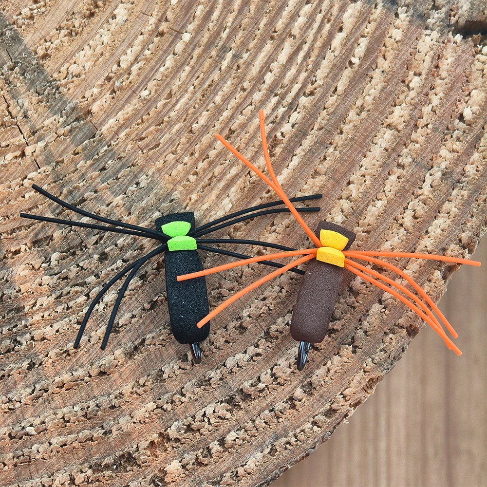 6 piezas # Señuelo de pesca con mosca con indicador de escarabajo de espuma, 10 anzuelos, moscas secas terrestres negras y naranjas para pesca de trucha, pez amarillo, lubina y carpa - imagen 5