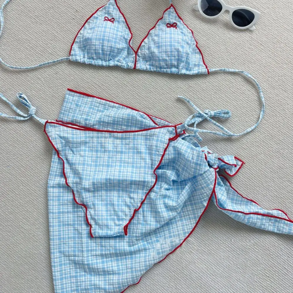 Traje de baño sin mangas con rejilla y lazo, Bikini plisado con cordones, ropa de playa, conjunto de traje de baño de tres piezas con escote en V profundo para mujer - imagen 3