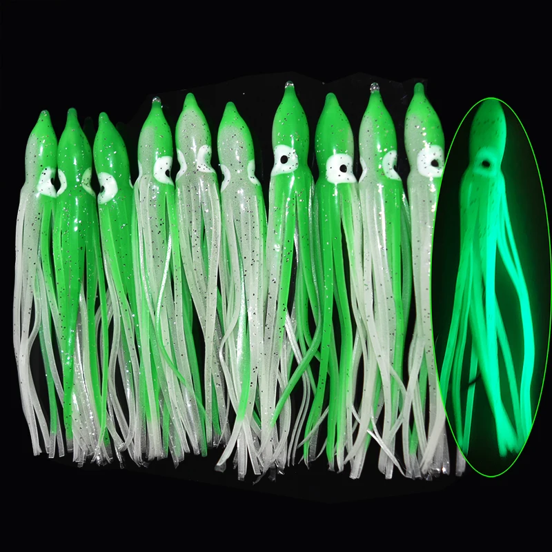 10 unids/lote 12cm falda luminosa de calamar pulpo de agua salada Señuelos de pesca de plástico suave faldas de curricán para lubina salmón trucha - imagen 5