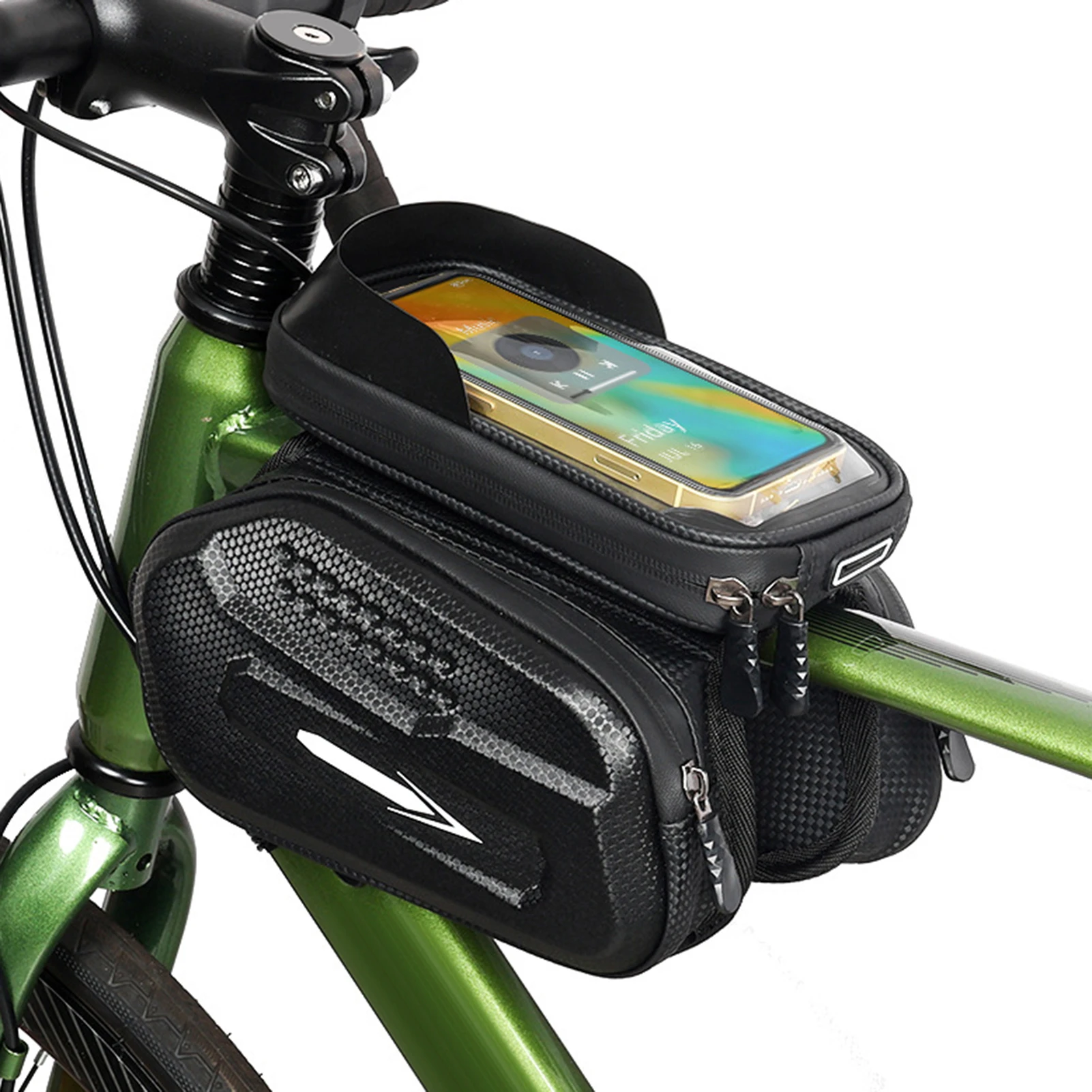 Bolsa para tubo superior de bicicleta, Exterior duro con soporte para teléfono de bicicleta, Compatible con pantalla táctil, conector para auriculares, gran capacidad, resistente a la lluvia - imagen 2