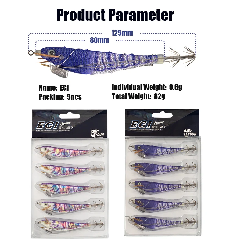 LEYDUN plantilla de calamar luminosa madera camarones Egi púrpura sepia de aguas profundas Hanchi Egi 5 unids/set Señuelos de Pesca cebos de agua salada - imagen 2