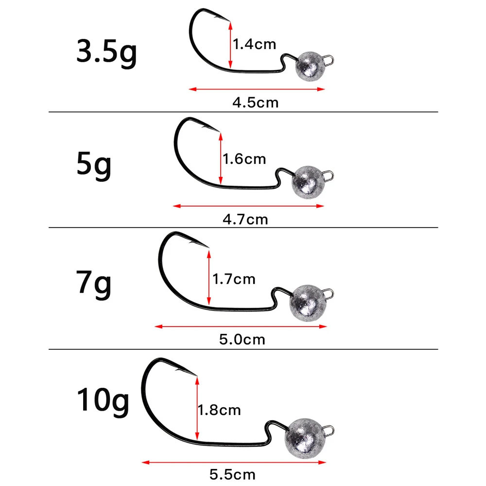 Anzuelos de pesca de caña larga, cabeza de plantilla grande expuesta, 3,5g, 5g, 7g, 10g, púas, cabezas de Jigging afiladas, gusanos blandos, 10 unids/lote por caja - imagen 4