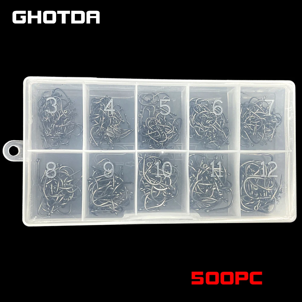 GHOTDA-anzuelos de púas de acero al carbono, 500 unids/caja, 3-12 #, gancho afilado de púas, gancho de cebo, gancho de cabeza de plantilla para señuelo suave - imagen 3