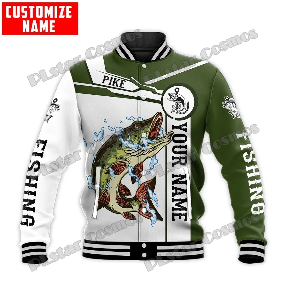 Chaqueta de béisbol con nombre personalizado para hombre y mujer, cazadora con estampado 3D de trucha y atún, a presión, informal, cálida, de invierno, FX21 - imagen 4