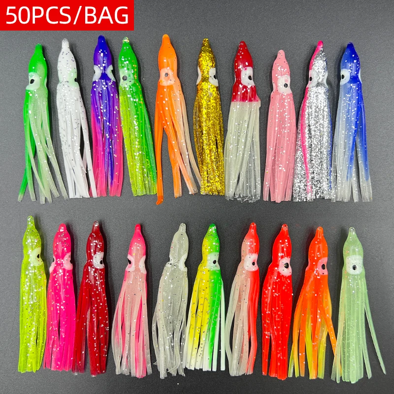50 Uds 5-12cm 20 colores mezclados señuelo de pesca de calamar brillante goma suave pulpo falda de calamar cebo lubina atún pesca de carpa