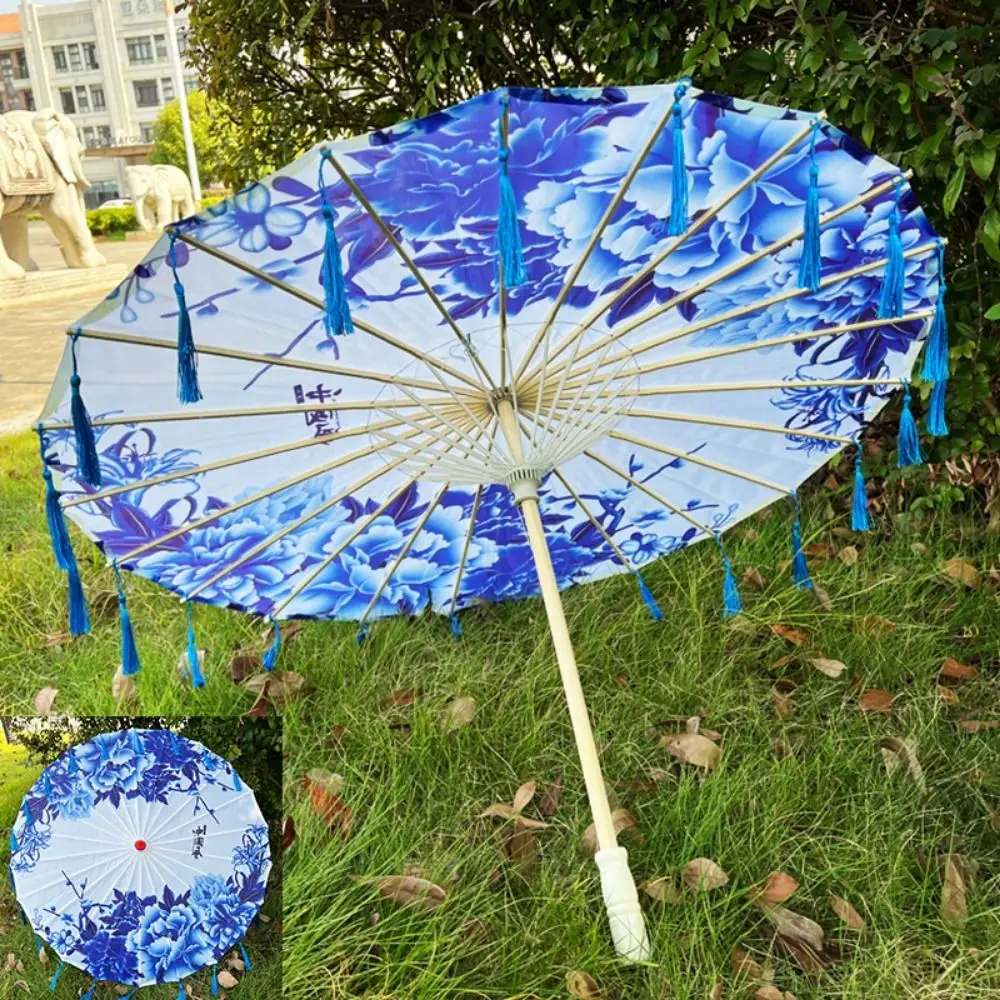 Abanico de paraguas de 56cm, tela de seda de estilo antiguo chino, Cosplay Hanfu, paraguas de papel al óleo, borla de 10 colores - imagen 4